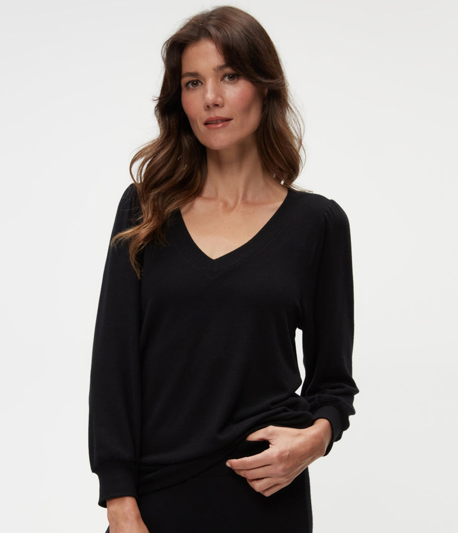 Gabriella V-Neck Top in Black  Close Up View #BLACK