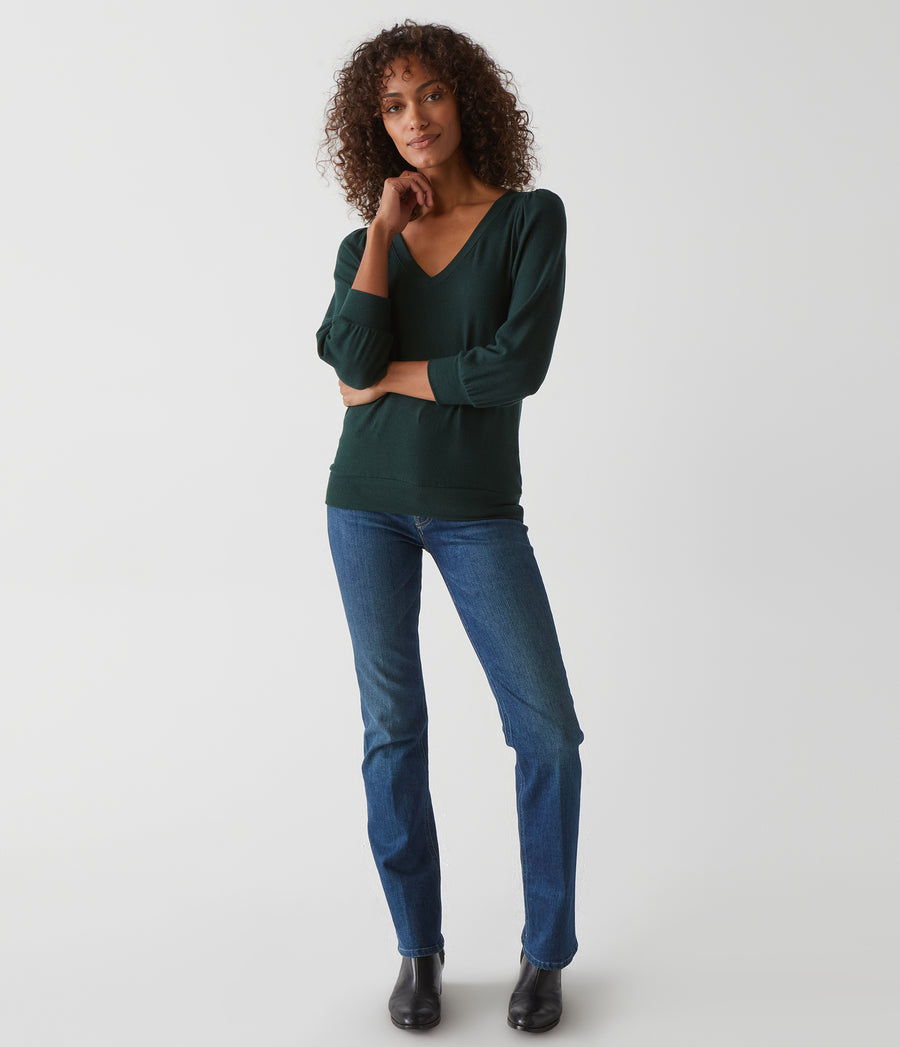 Gabriella V-Neck Top in Balsam Green Full Body View #BALSAM