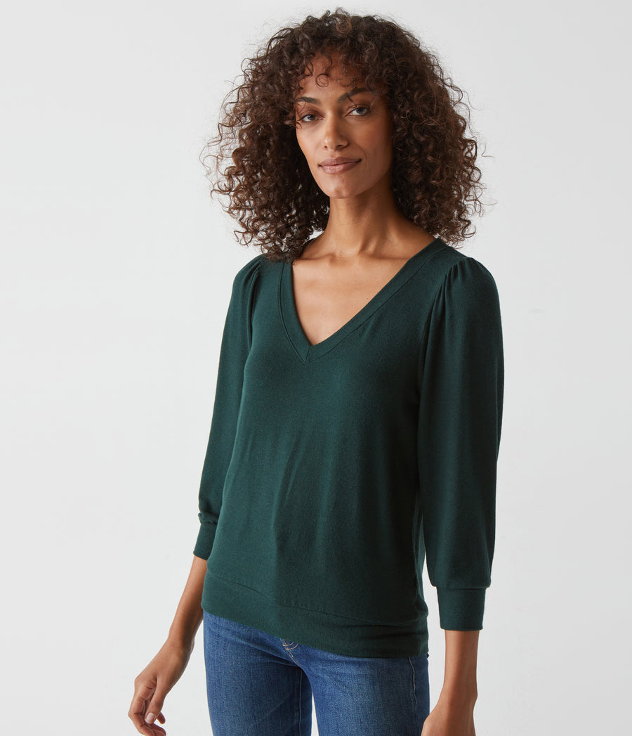 Gabriella V-Neck Top in Balsam Green Close Up View #BALSAM