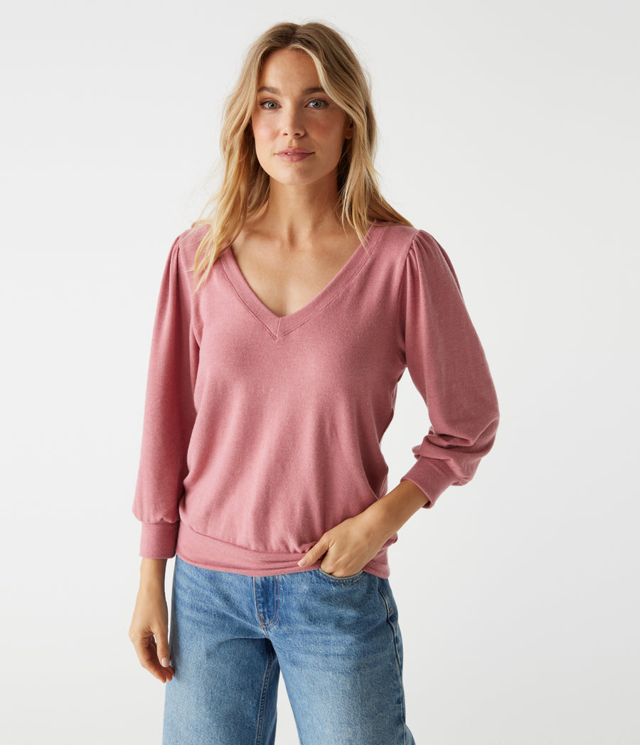 Gabriella V-Neck Top in BERRYWOOD Pink Close Up View #BERRYWOOD