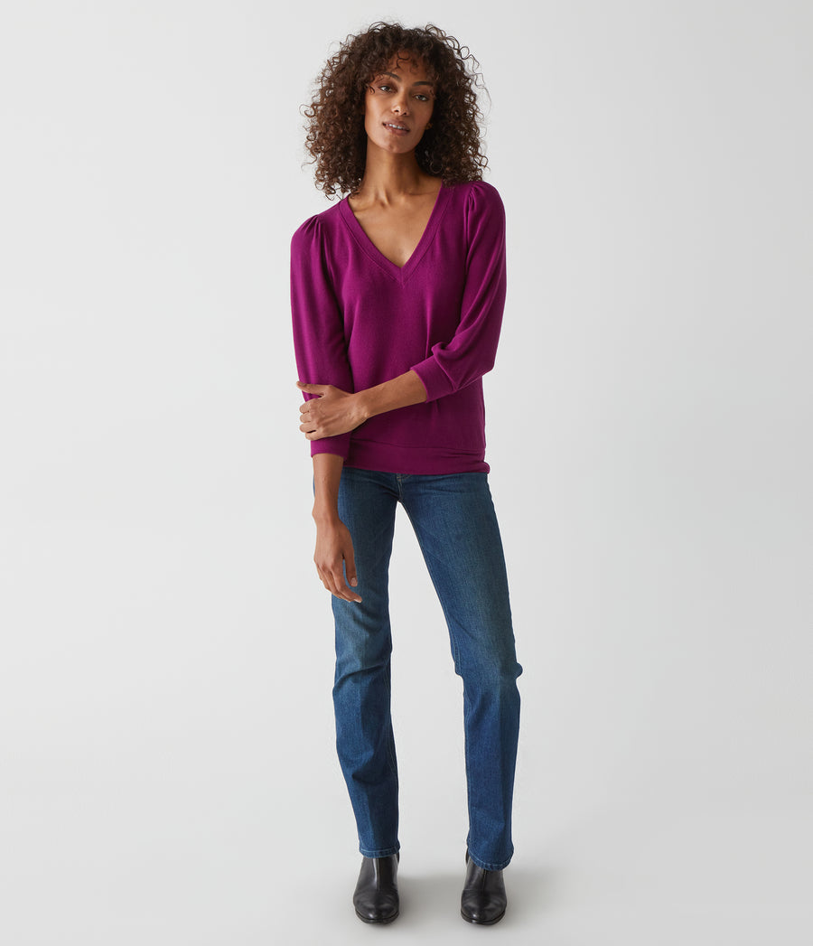 Gabriella V-Neck Top in Berry Purple Full Body View #BERRY