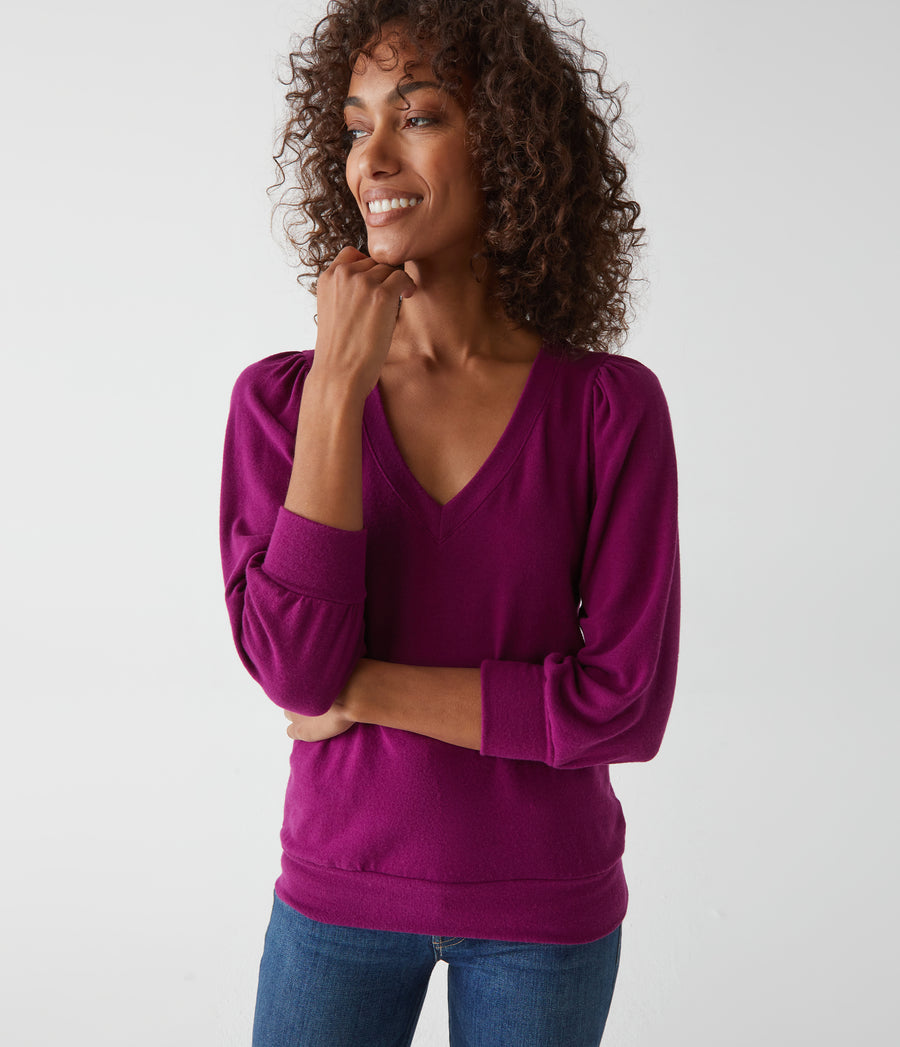 Gabriella V-Neck Top in Berry Purple Close Up View #BERRY