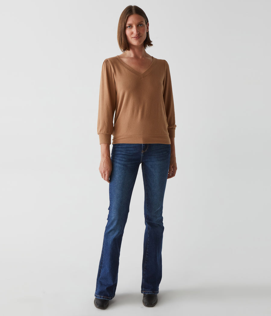 Gabriella V-Neck Top in Camel Brown Full Body View #CAMEL