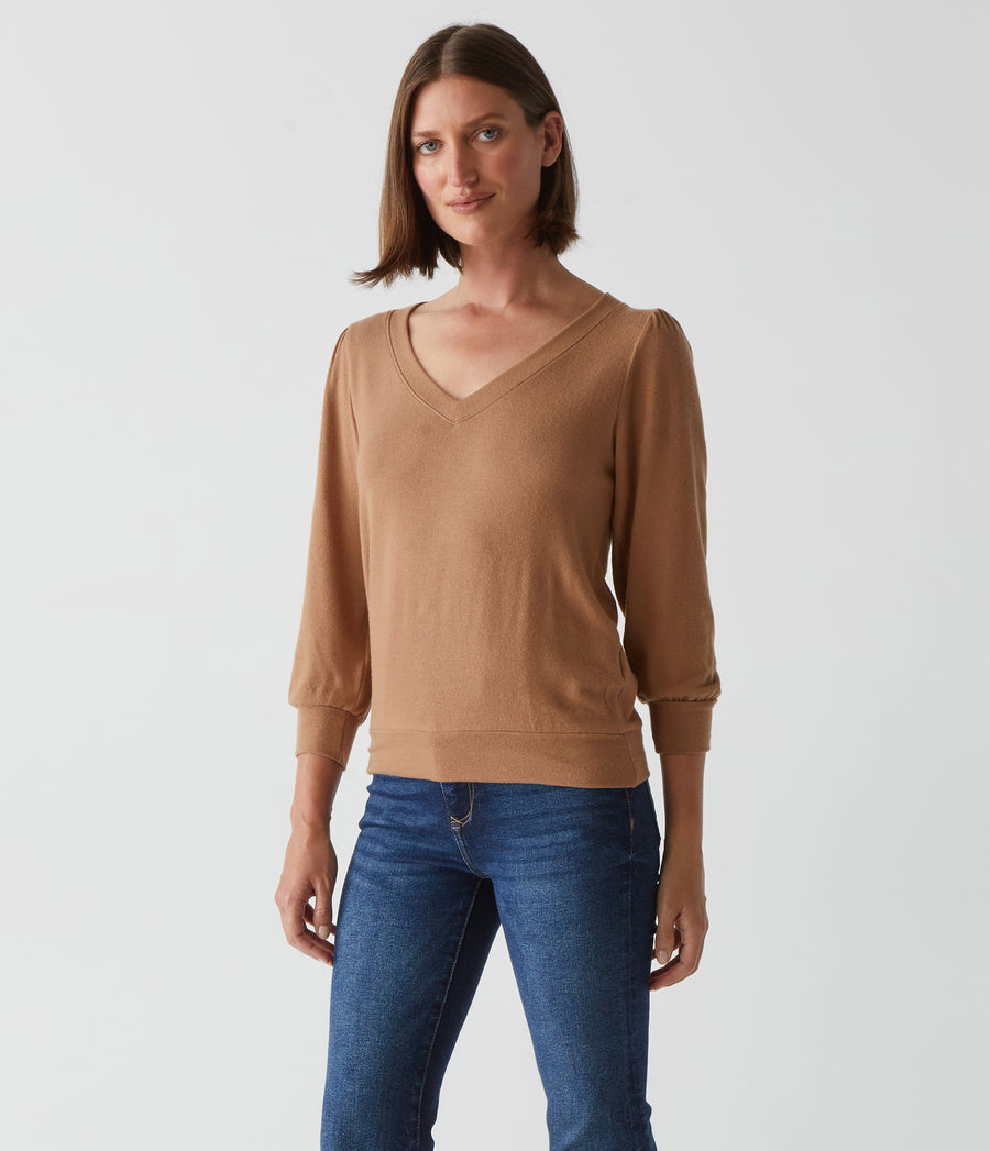 Gabriella V-Neck Top in Camel Brown Side View #CAMEL