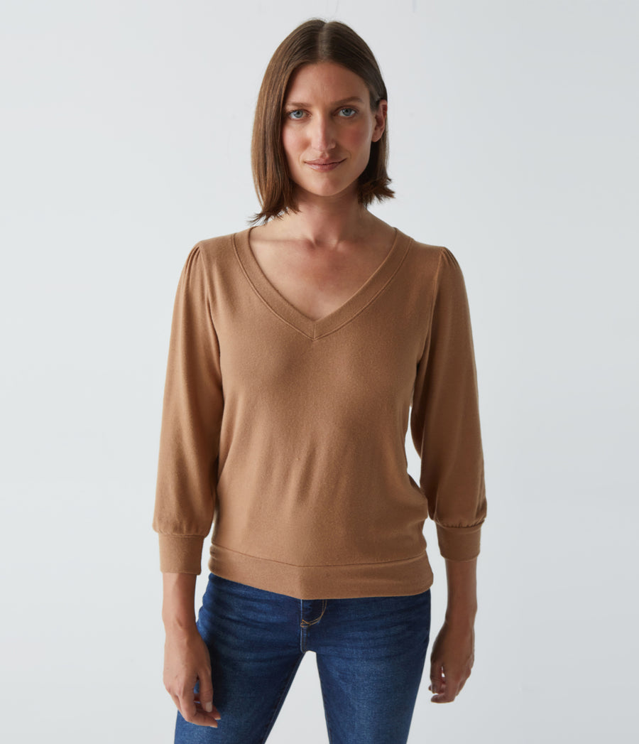 Gabriella V-Neck Top in Camel Brown Close Up View #CAMEL