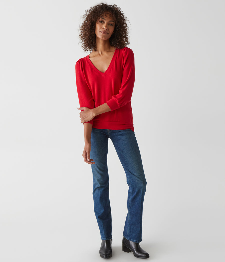 Gabriella V-Neck Top in Cardinal Red Full Body View #CARDINAL