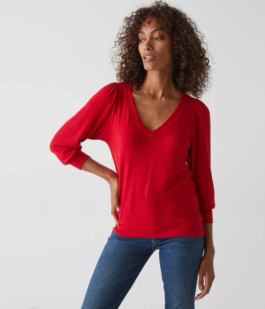 Gabriella V-Neck Top in Cardinal Red Close Up View #CARDINAL