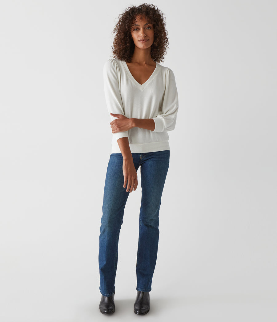 Gabriella V-Neck Top in Chalk White Full Body View #CHALK