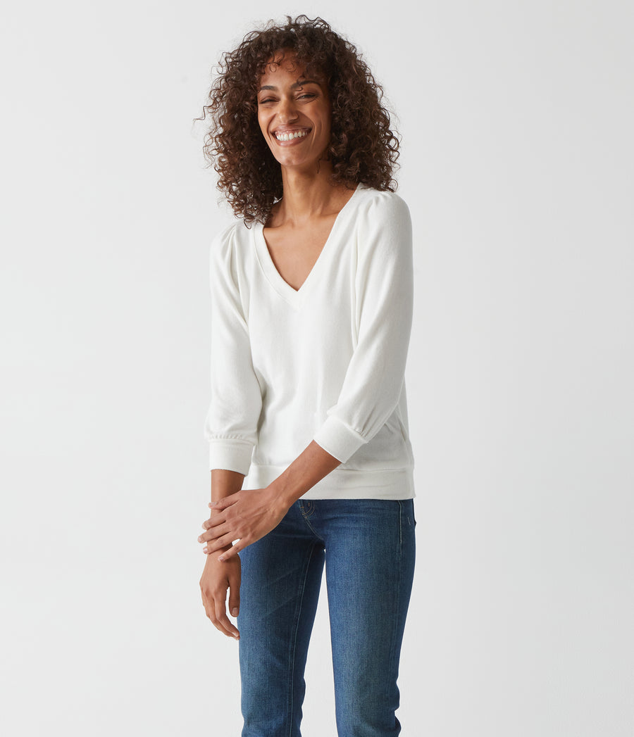 Gabriella V-Neck Top in Chalk White Side View #CHALK