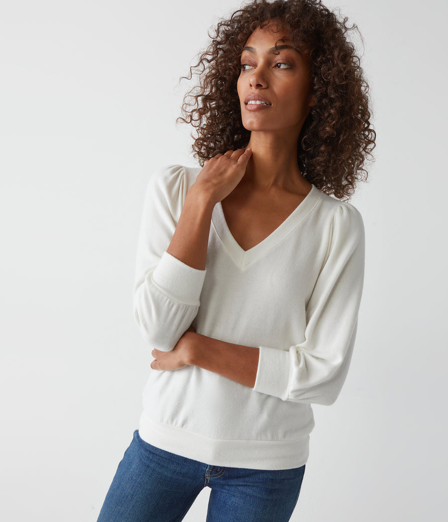Gabriella V-Neck Top in Chalk White Close Up View #CHALK
