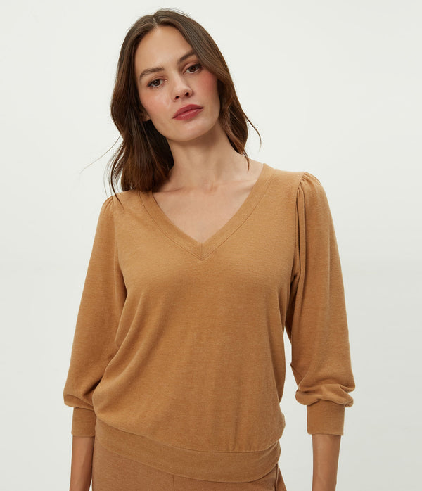 Gabriella V-Neck Top in Cumin Brown Close Up View #CUMIN