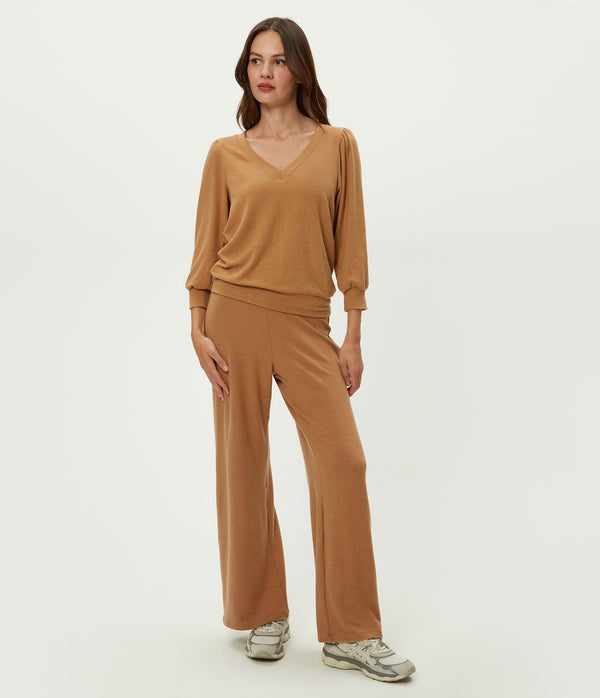 Gabriella V-Neck Top in Cumin Brown Full Body View #CUMIN