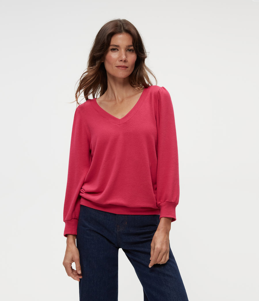 Gabriella V-Neck Top in Dark Voltage Pink Close Up View #DARK VOLTAGE
