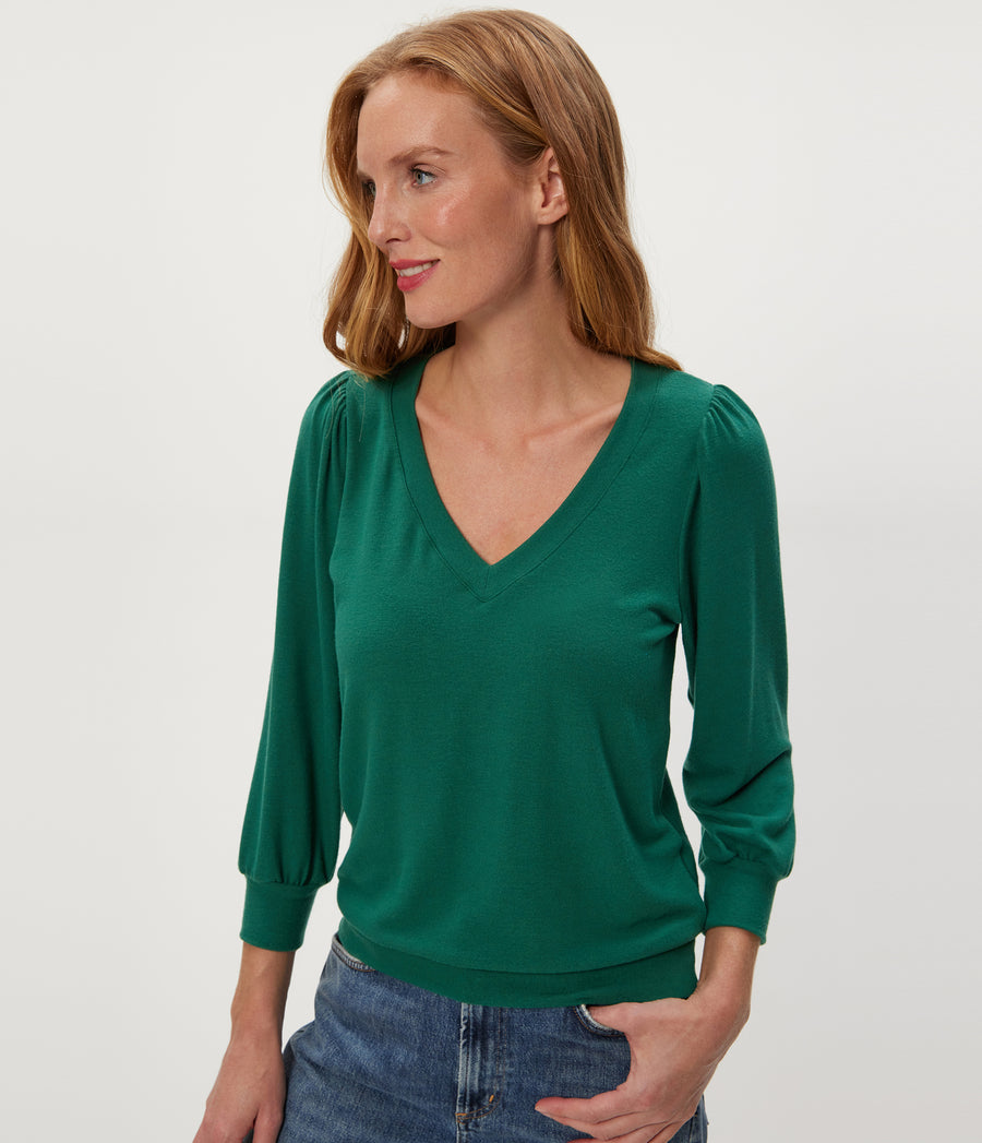 Gabriella V-Neck Top in Emerald GREEN Close up View #EMERALD