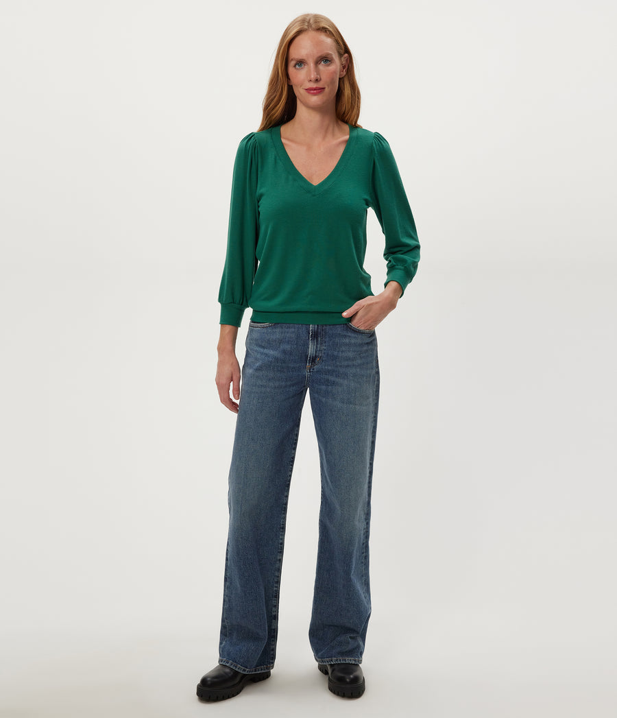 Gabriella V-Neck Top in Emerald GREEN Full Body View #EMERALD