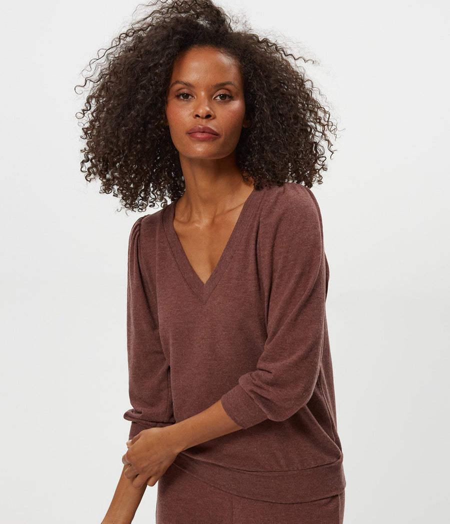Gabriella V-Neck Top in ESPRESSO Brown Close Up View #ESPRESSO