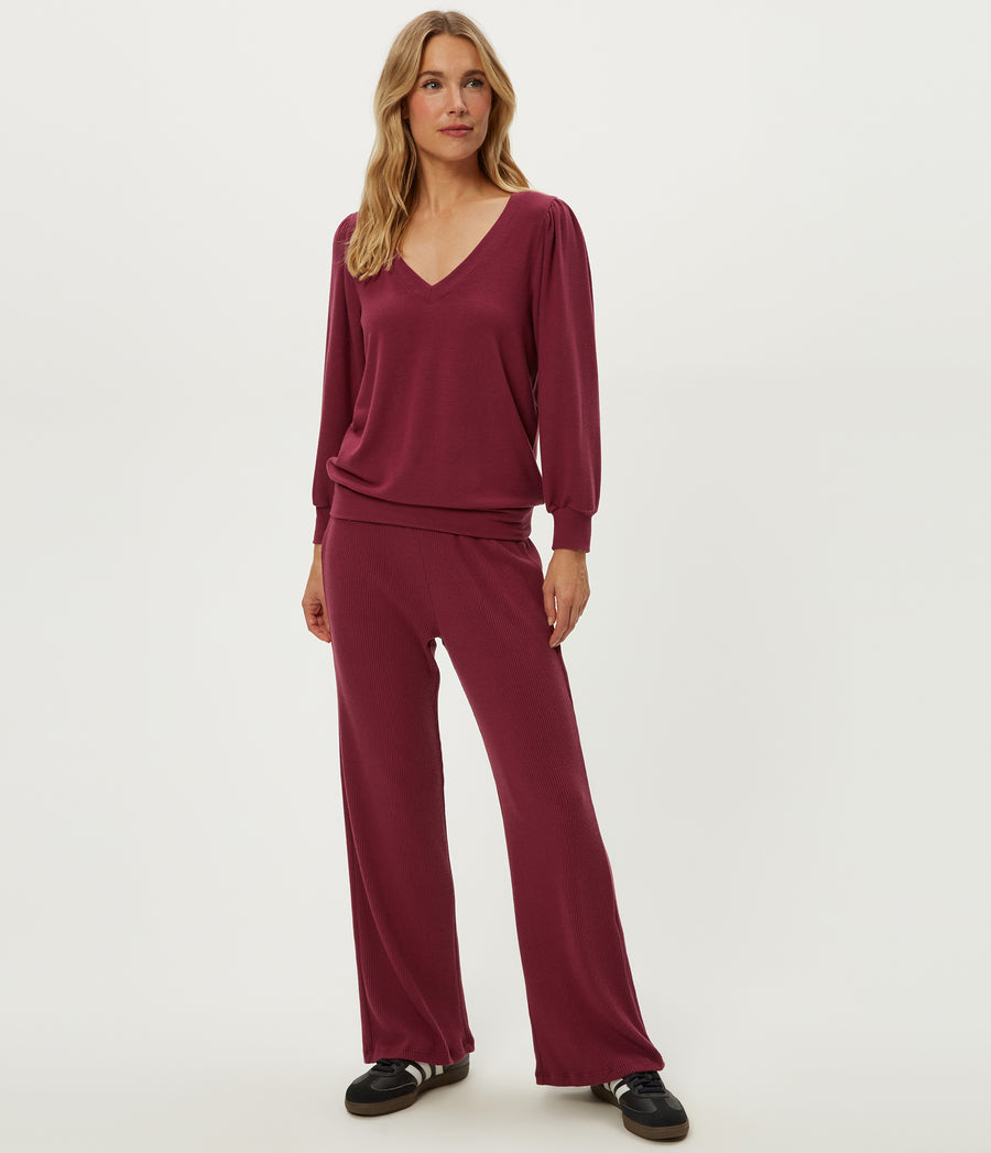 Gabriella V-Neck Top in Garnet Red Full Body View #GARNET