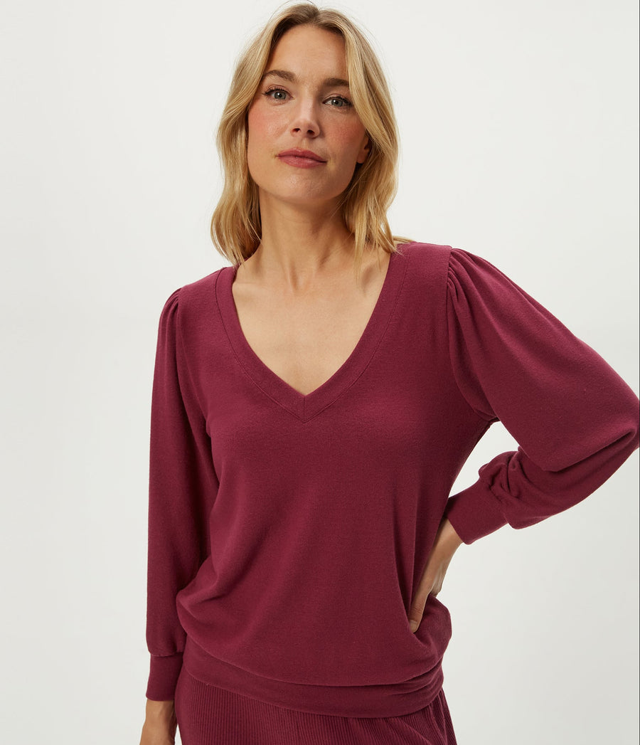 Gabriella V-Neck Top in Garnet Red Close Up View #GARNET