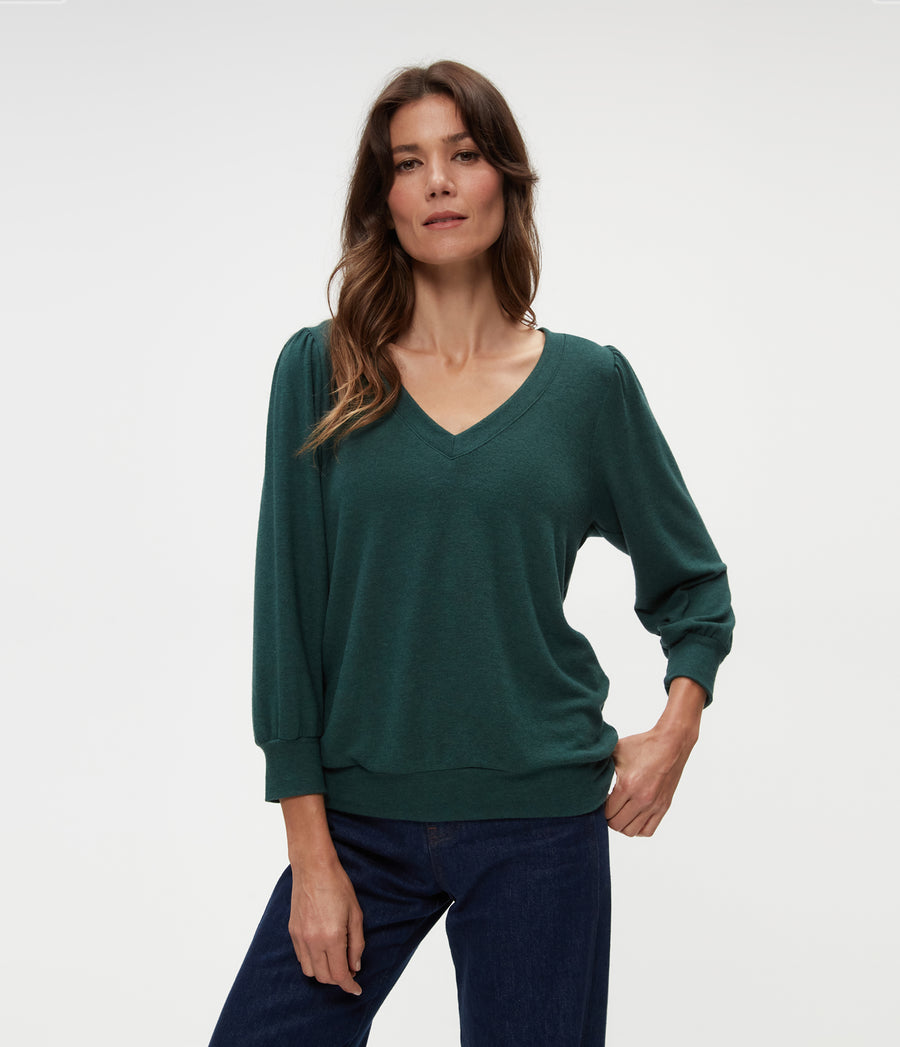 Gabriella V-Neck Top in Ivy Green Close Up View #IVY