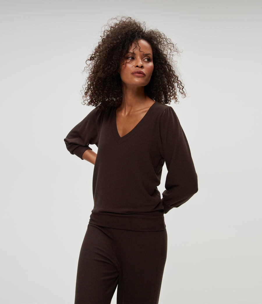 Gabriella V-Neck Top in Java Brown Close Up View #JAVA