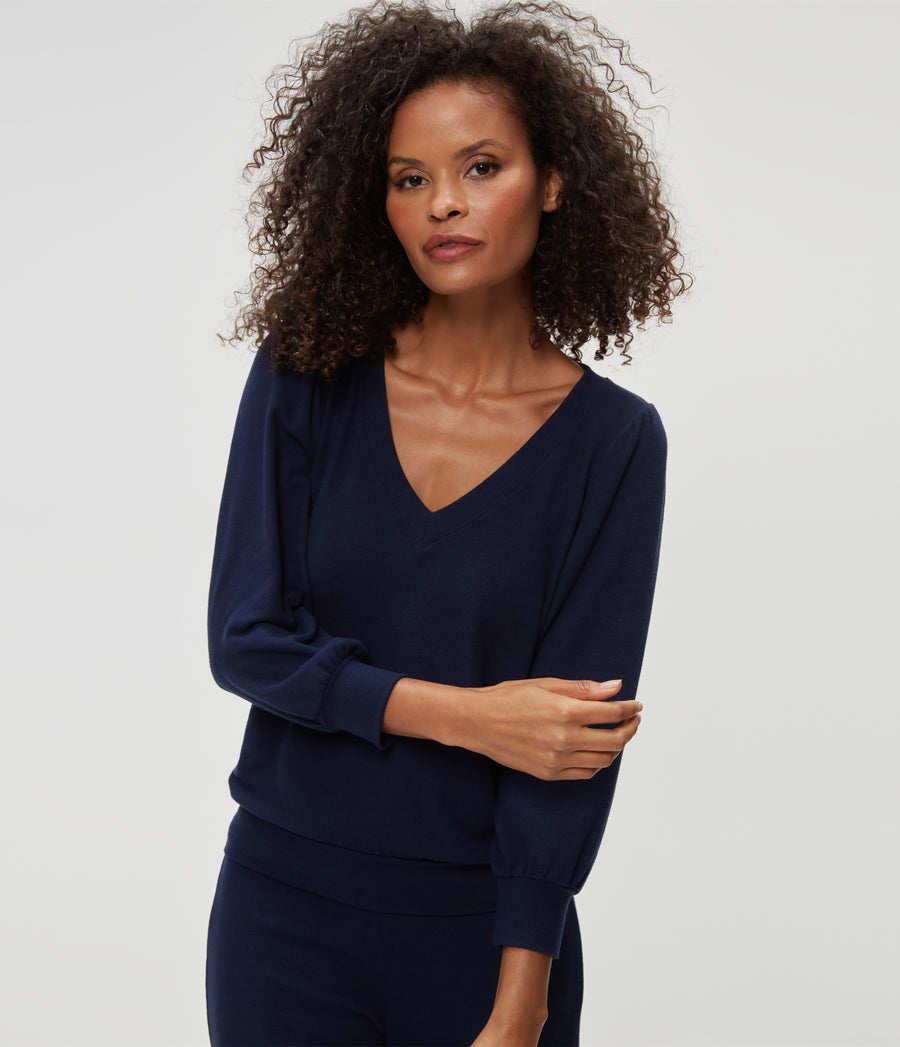 Gabriella V-Neck Top in Nocturnal Blue Close Up View #NOCTURNAL