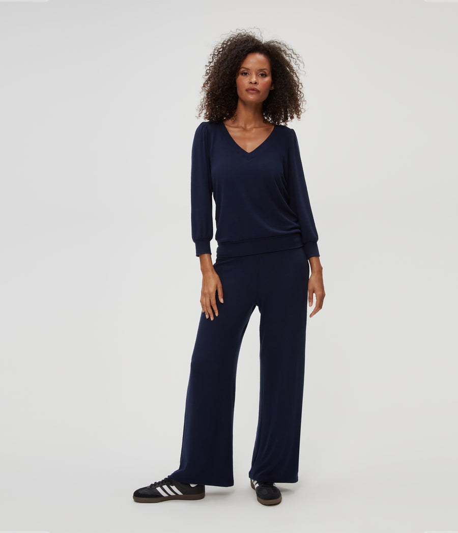 Gabriella V-Neck Top in Nocturnal Blue Full Body View #NOCTURNAL
