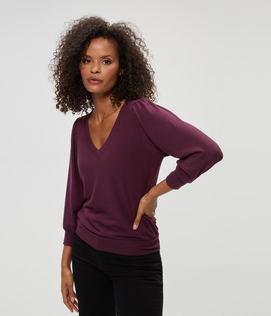 Gabriella V-Neck Top in Plum Purple Close Up View #PLUM