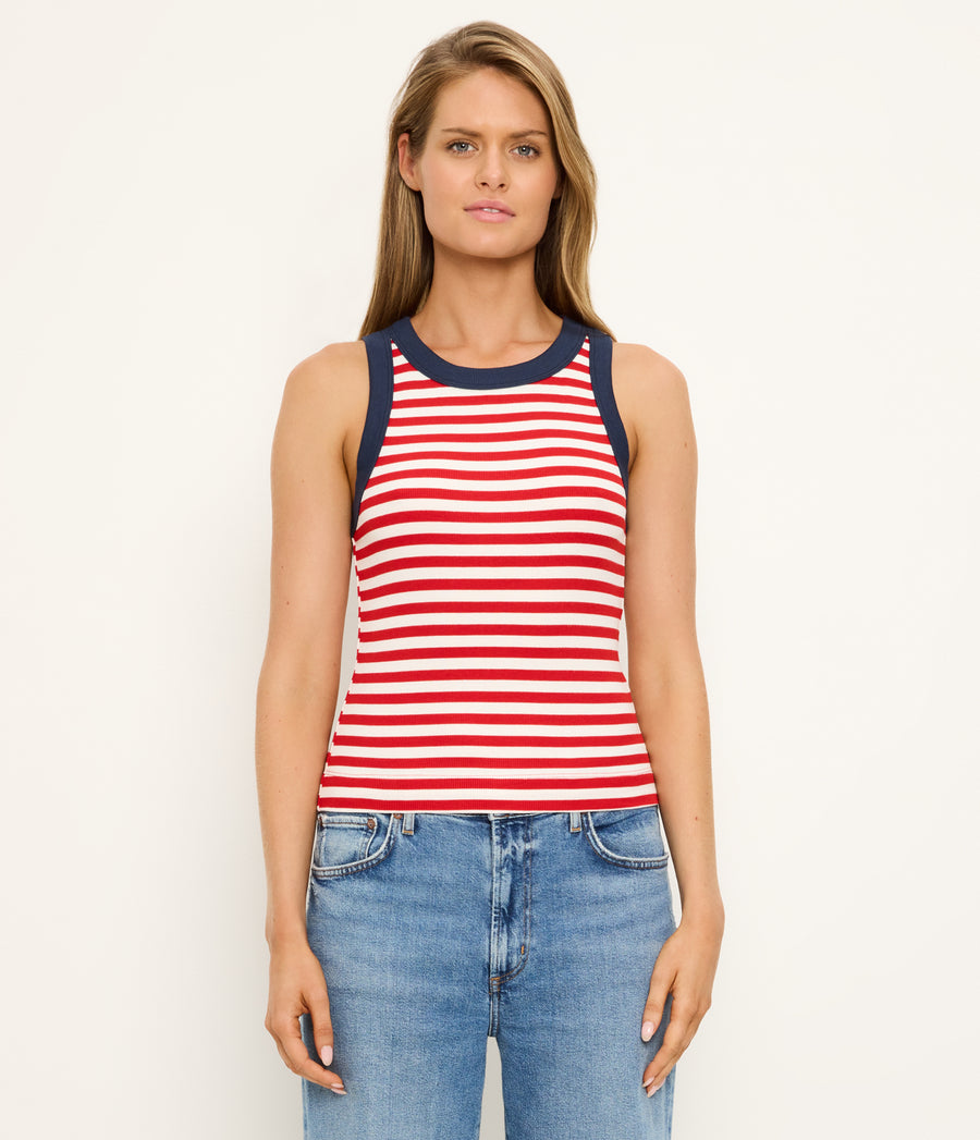 Gina Stripe Ribbed Crop Tank in Red Striped White Side View #RED STRIPE