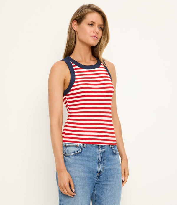 Gina Stripe Ribbed Crop Tank in Red Striped White Full Body View #RED STRIPE