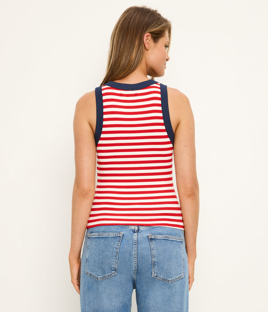 Gina Stripe Ribbed Crop Tank in Red Striped White Back View #RED STRIPE