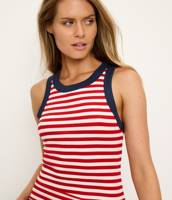 Gina Stripe Ribbed Crop Tank in Red Striped White Close up View #RED STRIPE