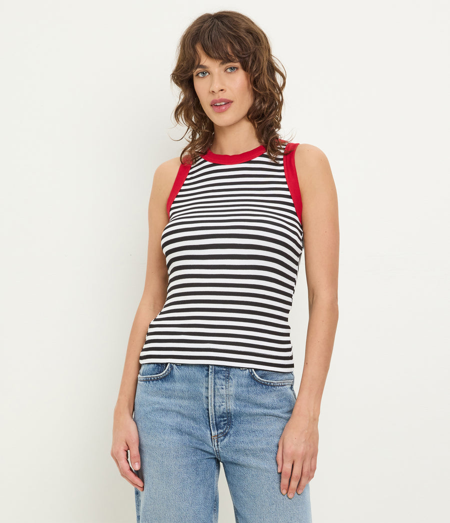 Gina Striped Ribbed Crop Tank in Black Striped White Full Body View #BLACK LACQUER STRIPE