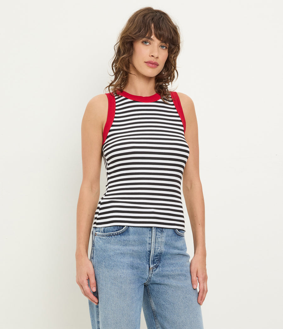 Gina Striped Ribbed Crop Tank in Black Striped White Full Body View #BLACK LACQUER STRIPE