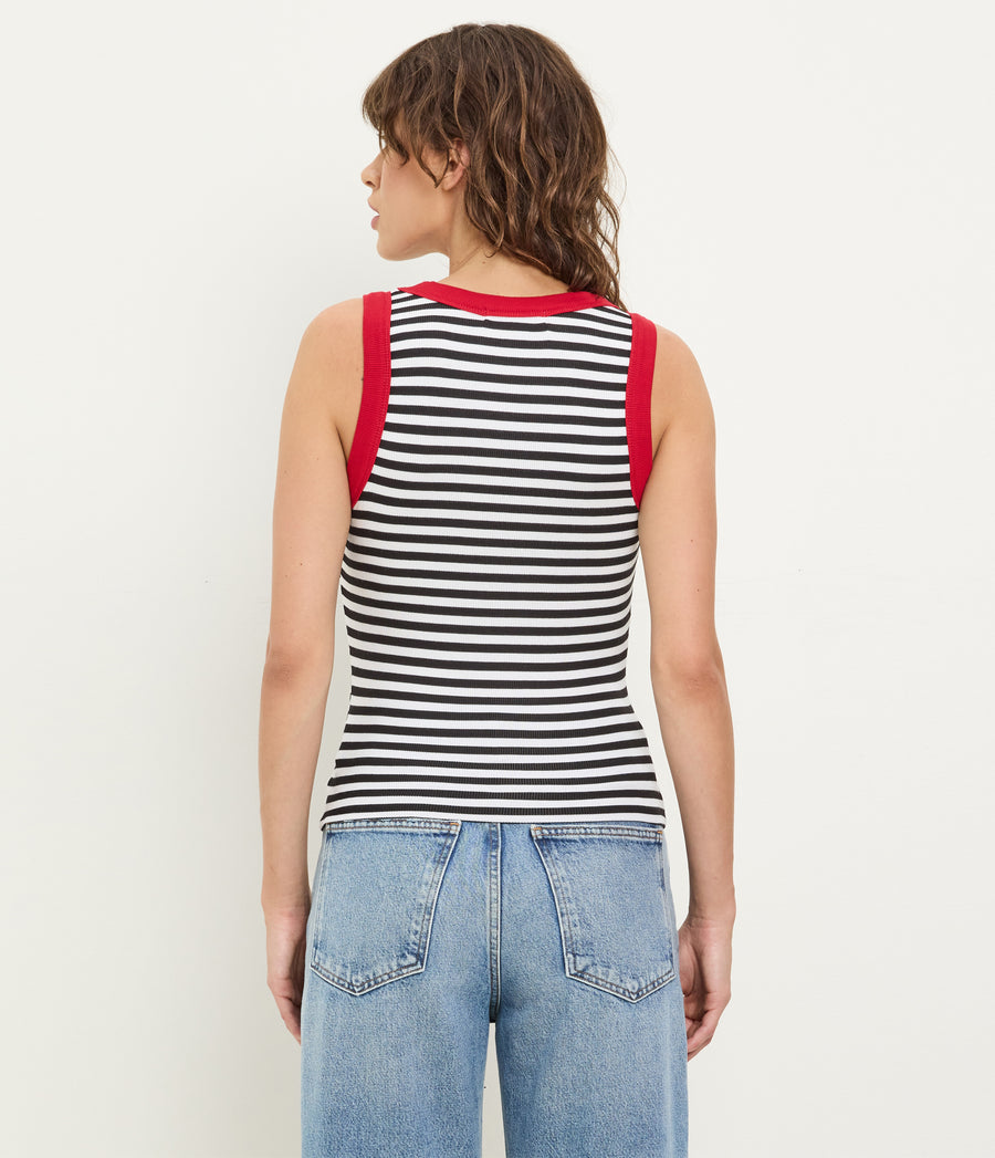 Gina Striped Ribbed Crop Tank in Black Striped White Back View #BLACK LACQUER STRIPE