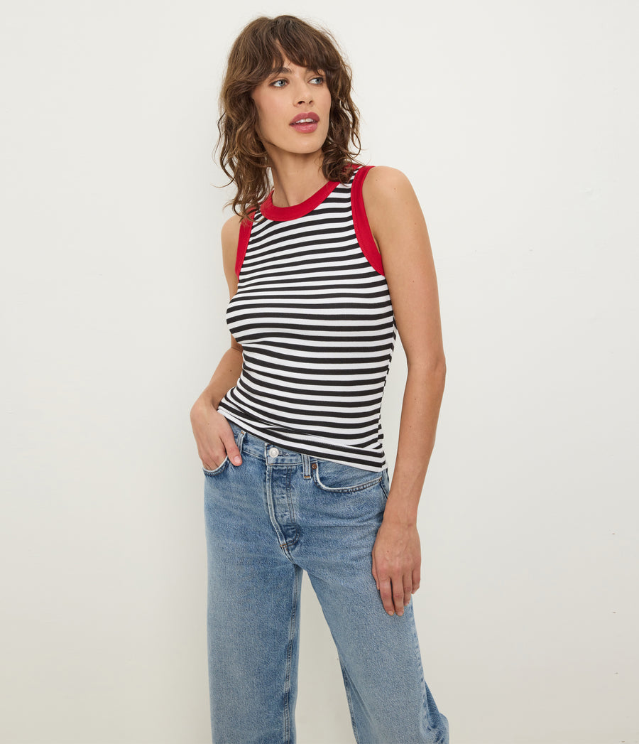 Gina Striped Ribbed Crop Tank in Black Striped White Side View #BLACK LACQUER STRIPE