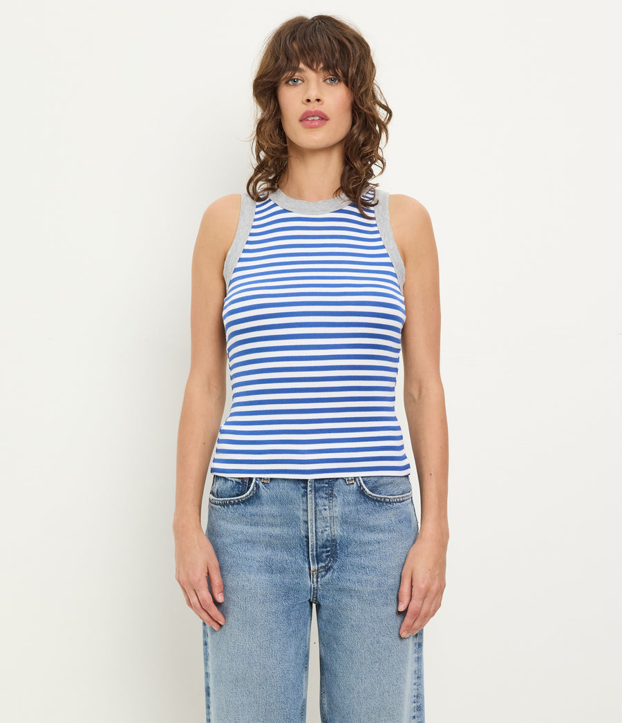 Gina Striped Ribbed Crop Tank in Blue Blue Ribbon  Striped White Full Body View #BLUE RIBBON GREY STRIPE