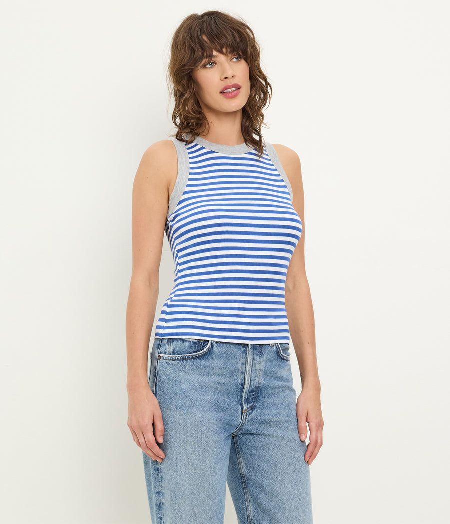 Gina Striped Ribbed Crop Tank in Blue Blue Ribbon Striped White Full Body View #BLUE RIBBON GREY STRIPE
