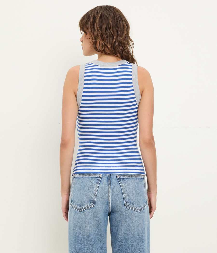 Gina Striped Ribbed Crop Tank in Blue Blue Ribbon  Striped White Back View #BLUE RIBBON GREY STRIPE