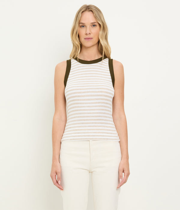 Gina Striped Ribbed Crop Tank in Oatmeal Beige Striped White Full Body View #OATMEAL CAPER STRIPE