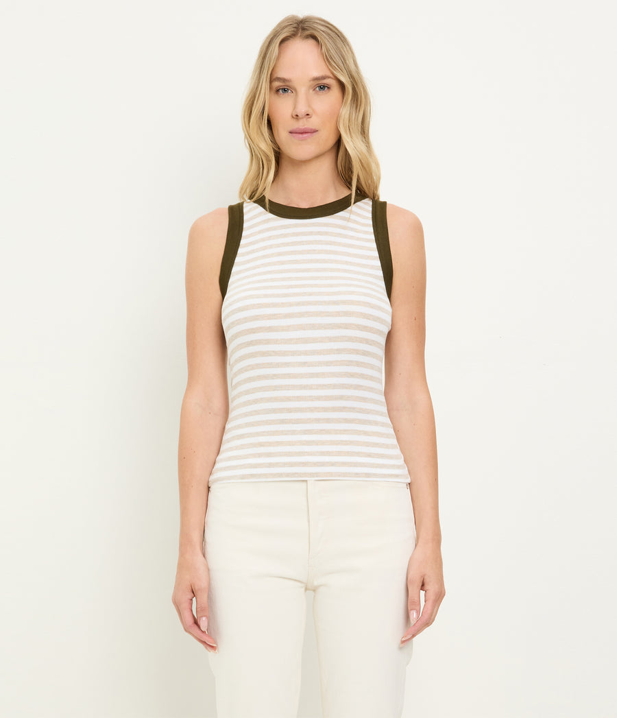 Gina Striped Ribbed Crop Tank in Oatmeal Beige Striped White Full Body View #OATMEAL CAPER STRIPE