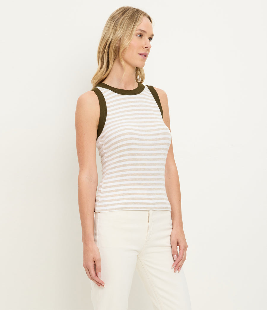 Gina Striped Ribbed Crop Tank in Oatmeal Beige Striped White Side View #OATMEAL CAPER STRIPE
