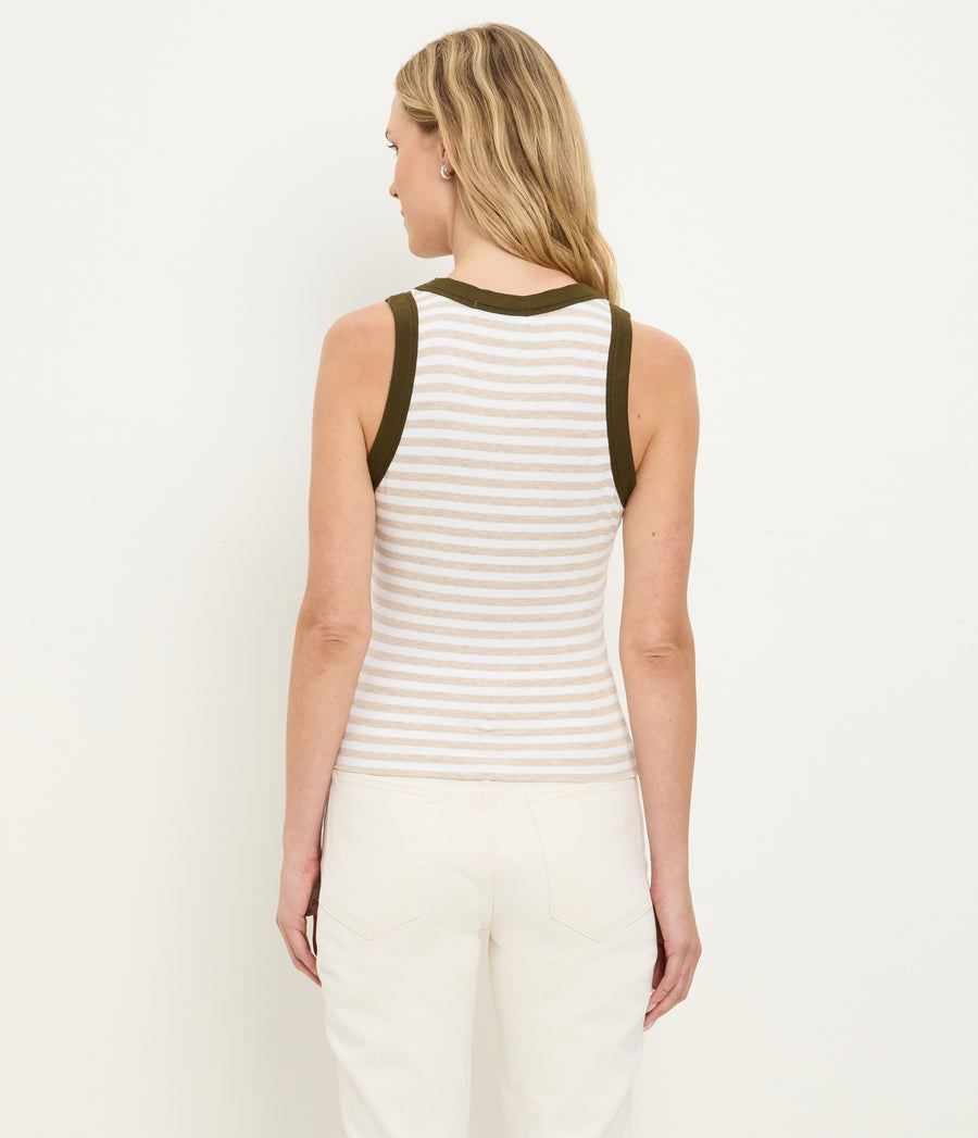 Gina Striped Ribbed Crop Tank in Oatmeal Beige Striped White Back View #OATMEAL CAPER STRIPE