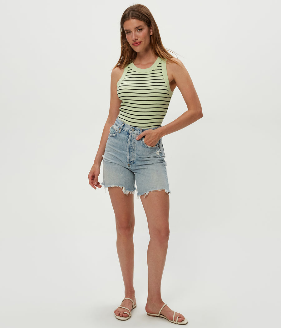 Gina Striped Ribbed Crop Tank in Celery GREEN Striped Black Full Body View #CELERY STRIPE