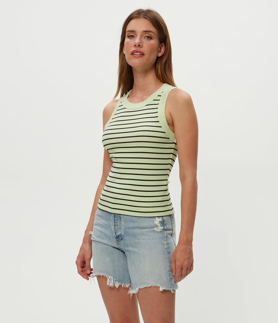 Gina Striped Ribbed Crop Tank in Celery GREEN Striped Black Side View #CELERY STRIPE