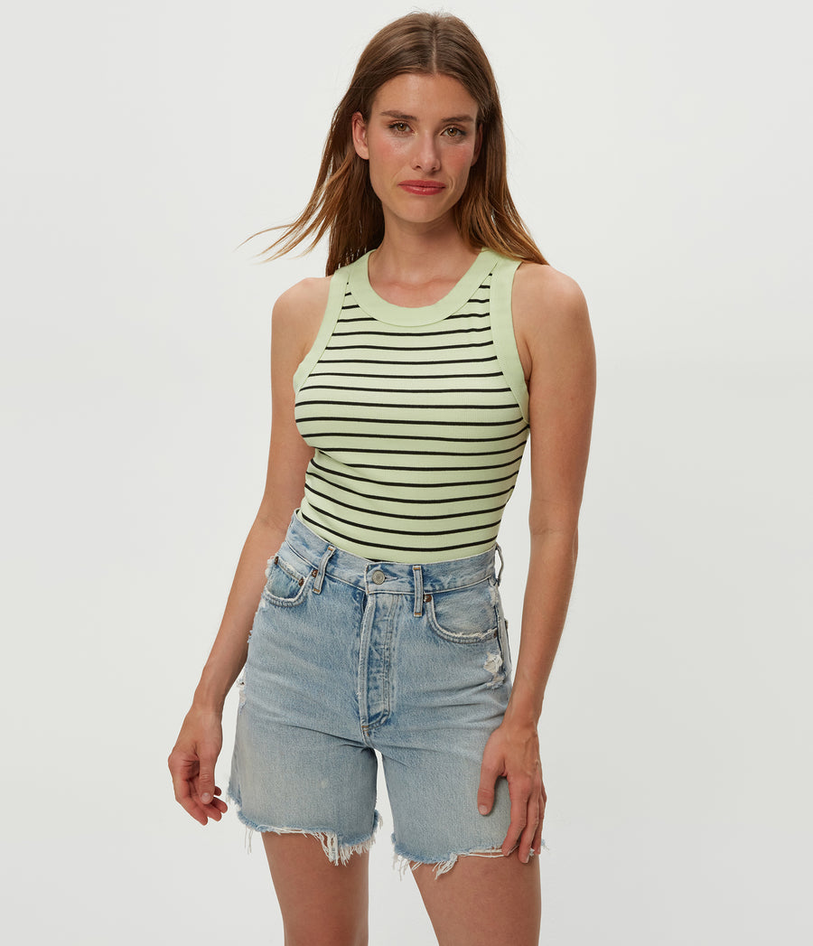 Gina Striped Ribbed Crop Tank in Celery GREEN Striped Black Close up View #CELERY STRIPE