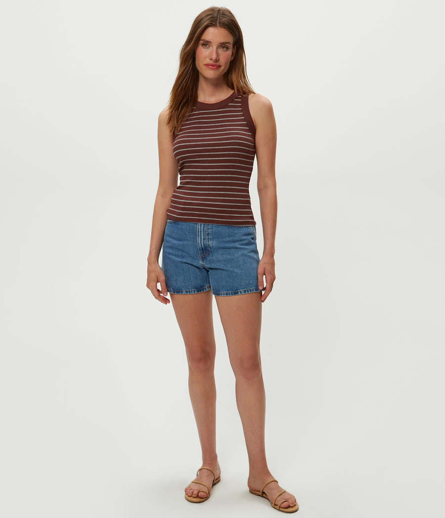 Gina Striped Ribbed Crop Tank in ESPRESSO Brown Striped Heather Grey Full Body View #ESPRESSO STRIPE