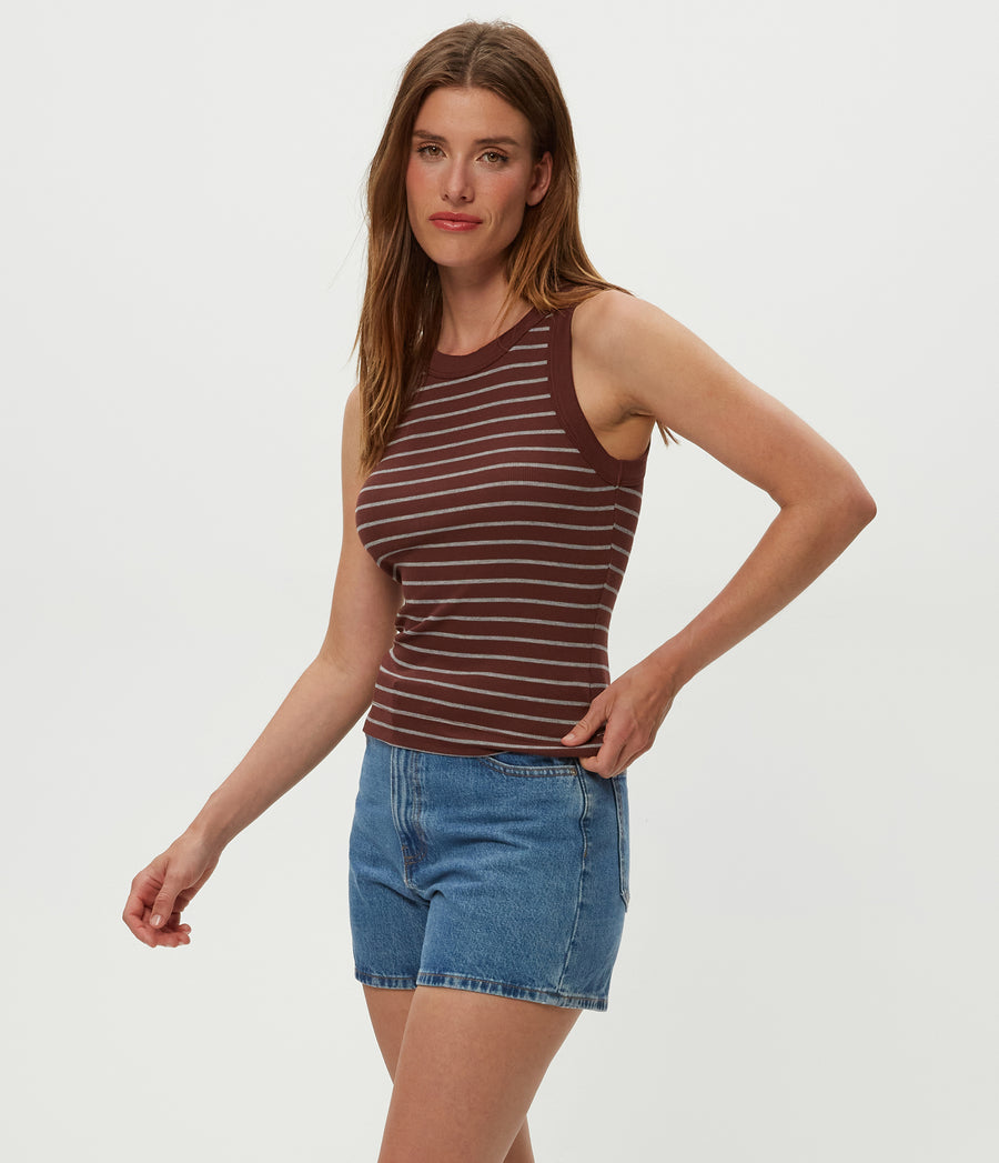 Gina Striped Ribbed Crop Tank in ESPRESSO Brown Striped Heather Grey Side View #ESPRESSO STRIPE