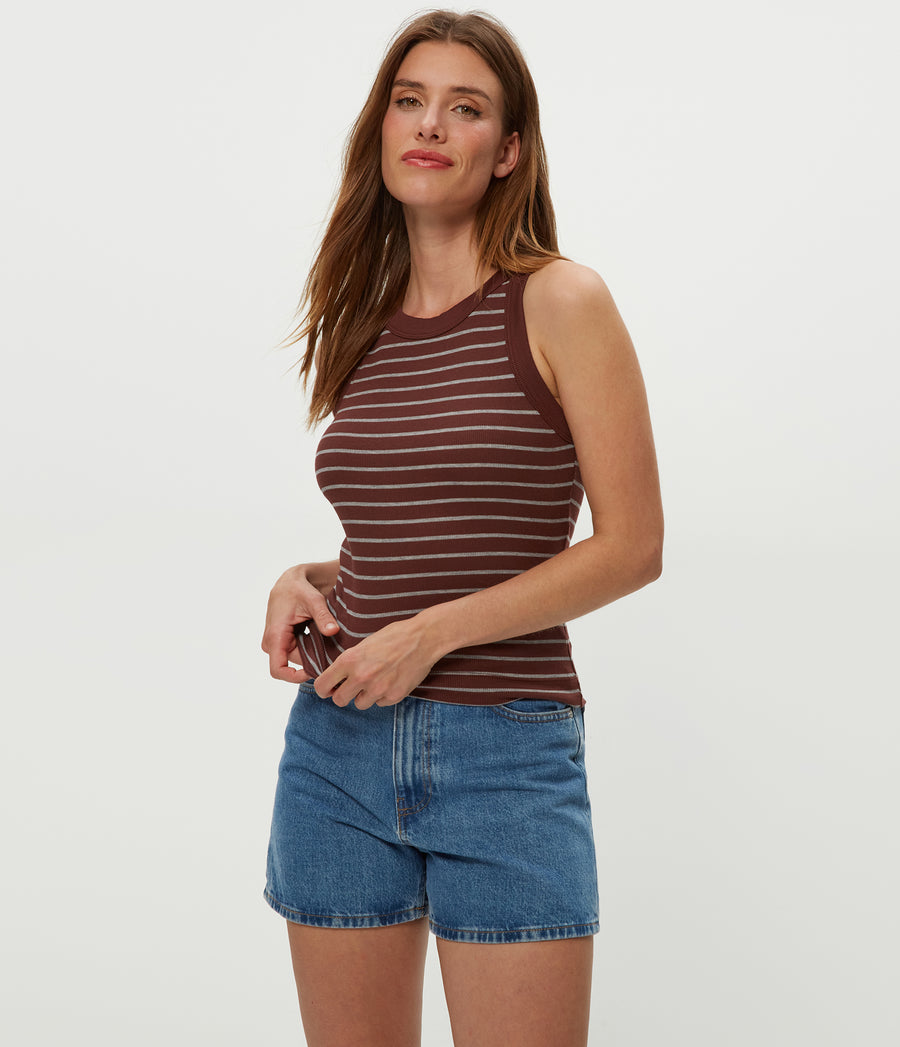 Gina Striped Ribbed Crop Tank in ESPRESSO Brown Striped Heather Grey Close Up View #ESPRESSO STRIPE