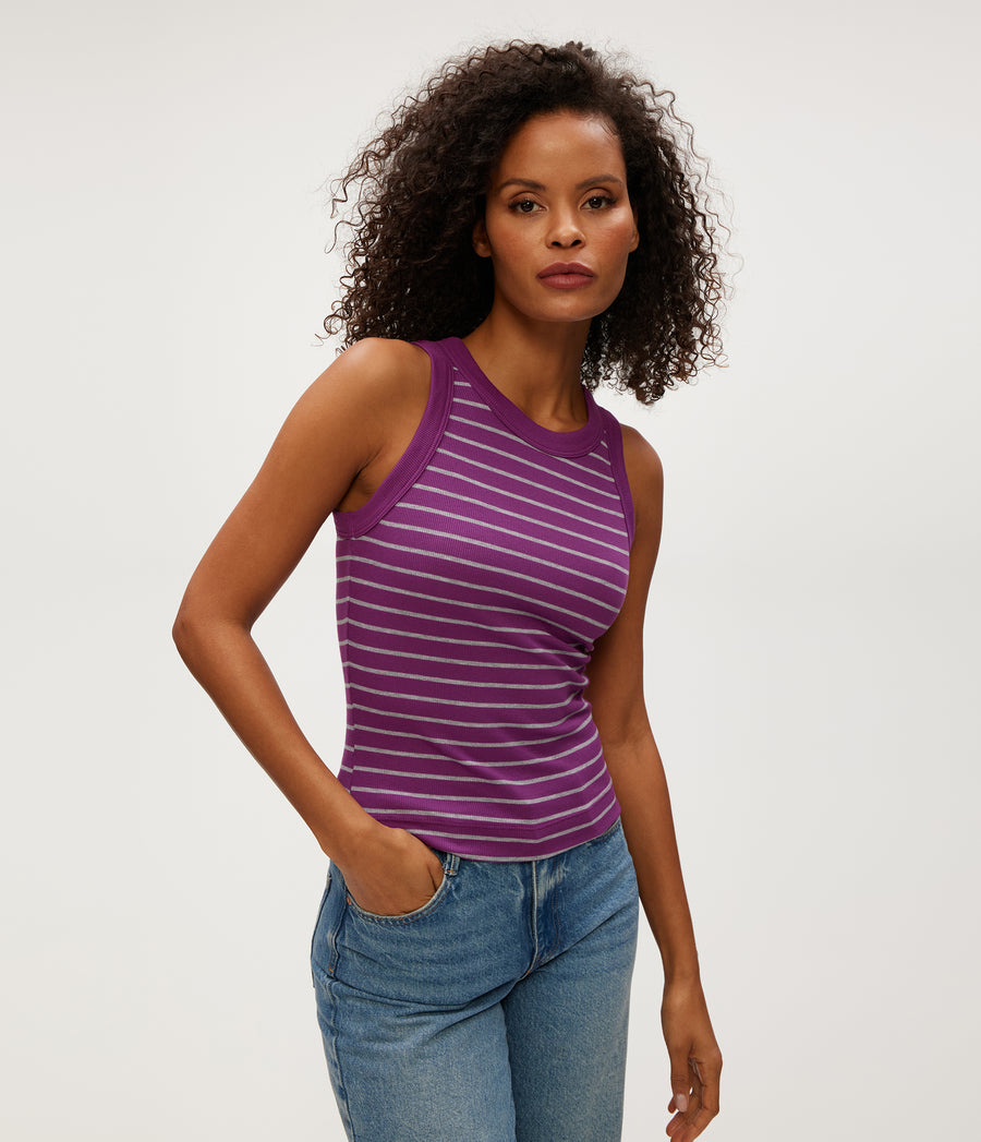 Gina Striped Ribbed Crop Tank in GRAPE PURPLE Striped Heather Grey  Close up View #GRAPE STRIPE