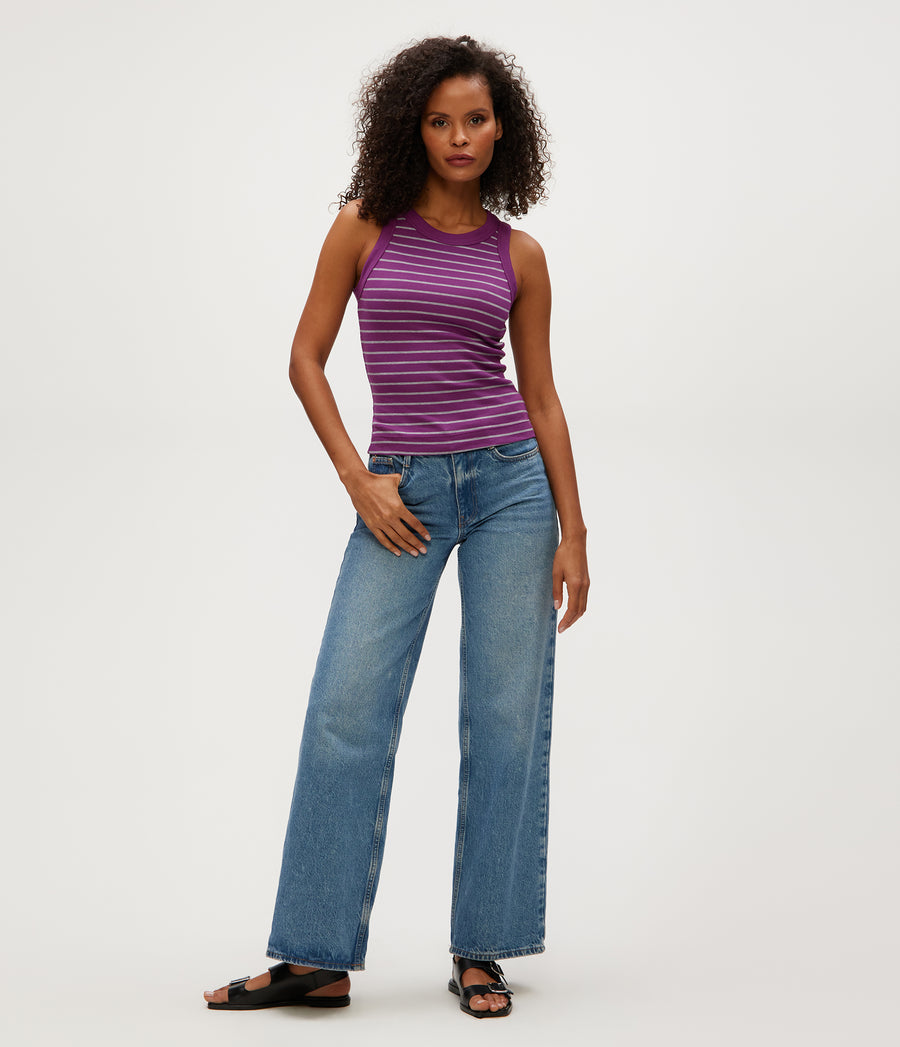 Gina Striped Ribbed Crop Tank in GRAPE PURPLE Striped Heather Grey Full Body View #GRAPE STRIPE